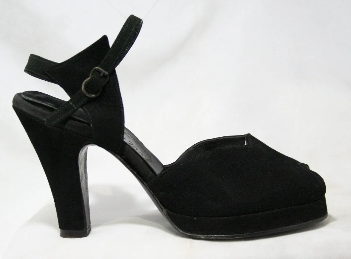 1940s Black Suede Platforms with Jagged Ankle Strap - Size 5 Shoes - 40s Platforms - NOS Deadstock - Fall Peep Toe 40's Hollywood Style