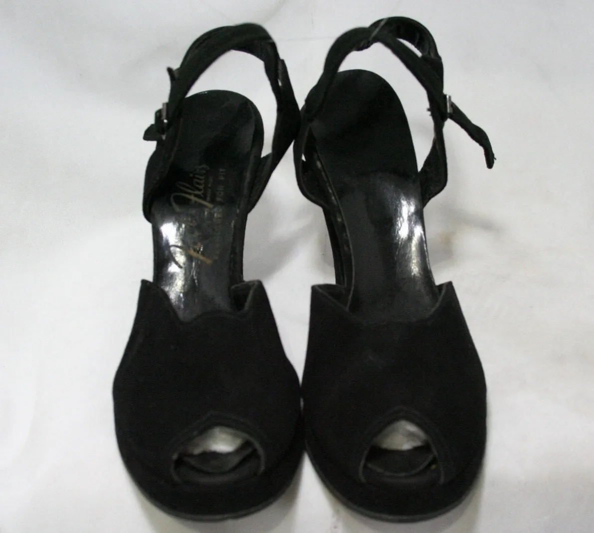 1940s Black Suede Platforms with Jagged Ankle Strap - Size 5 Shoes - 40s Platforms - NOS Deadstock - Fall Peep Toe 40's Hollywood Style