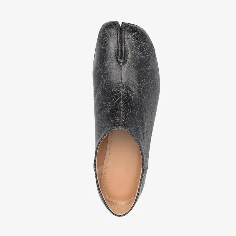Black Split-Toe Leather Slippers
