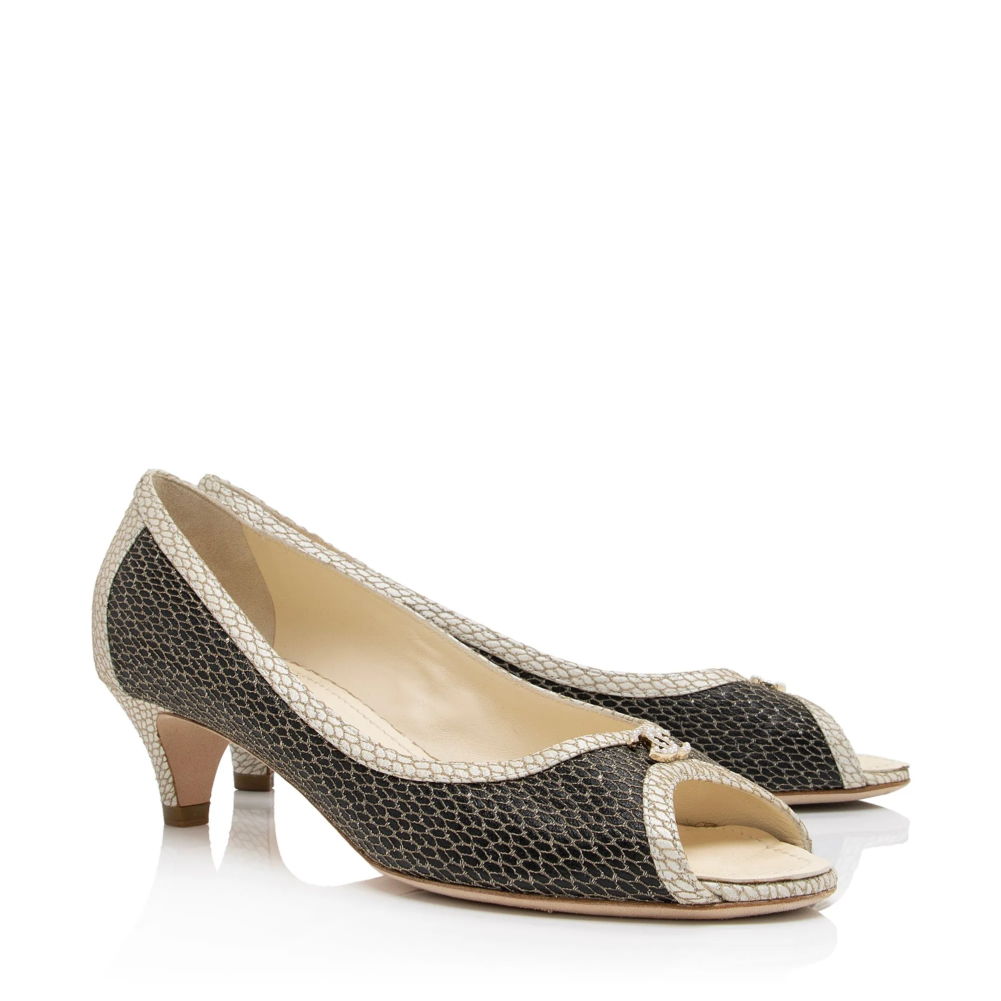 Chanel Calfskin Fishnet Pearl CC Peep Toe Pumps - Size 8.5 / 38.5 (SHF-vEnp7b)