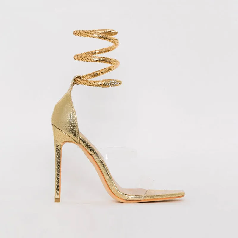 Fuling High Heels Women Snake-Shaped Metal Ring Square Toe Rhinestone Stiletto Sandals Heels