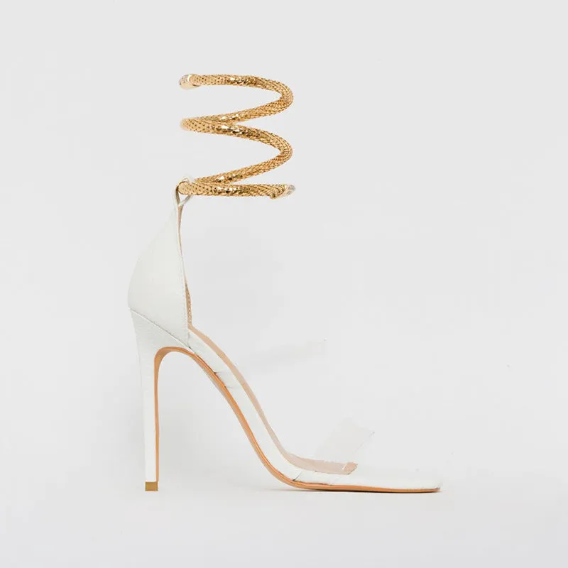 Fuling High Heels Women Snake-Shaped Metal Ring Square Toe Rhinestone Stiletto Sandals Heels