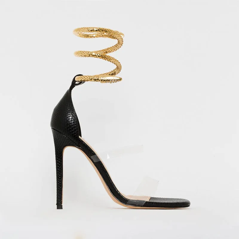 Fuling High Heels Women Snake-Shaped Metal Ring Square Toe Rhinestone Stiletto Sandals Heels