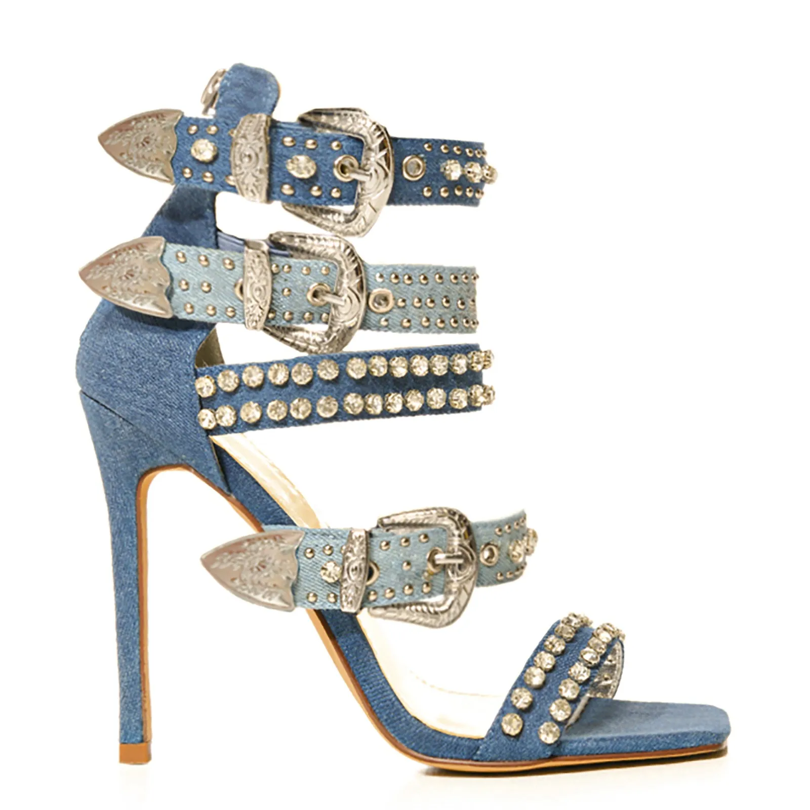 High Heels Sandals Women Heels Rhinestone Rivet Black White Denim Three Colors plus Size 11cm Stiletto Square Toe