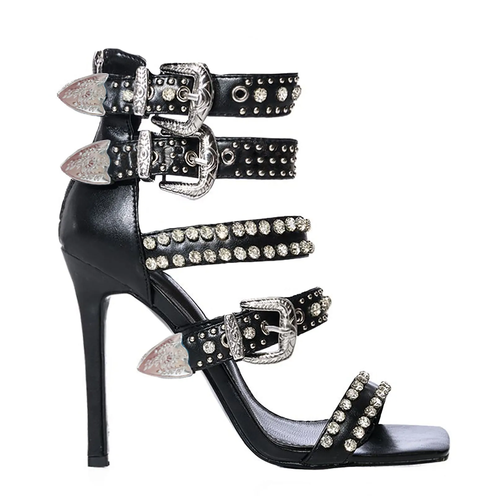 High Heels Sandals Women Heels Rhinestone Rivet Black White Denim Three Colors plus Size 11cm Stiletto Square Toe