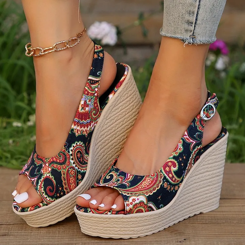 hulianfu Bohemian Style Print Wedge Sandals for Women Peep Toe Chunky Platform Shoes Woman Summer Thick Bottom Gladiator Sandalias Mujer