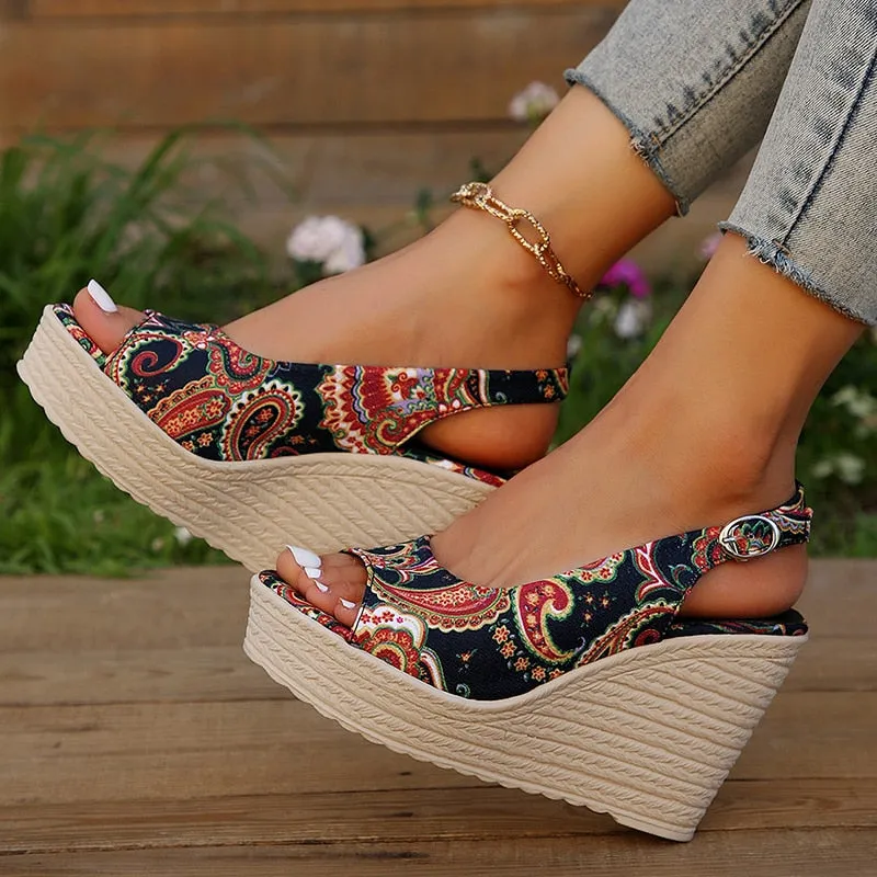 hulianfu Bohemian Style Print Wedge Sandals for Women Peep Toe Chunky Platform Shoes Woman Summer Thick Bottom Gladiator Sandalias Mujer