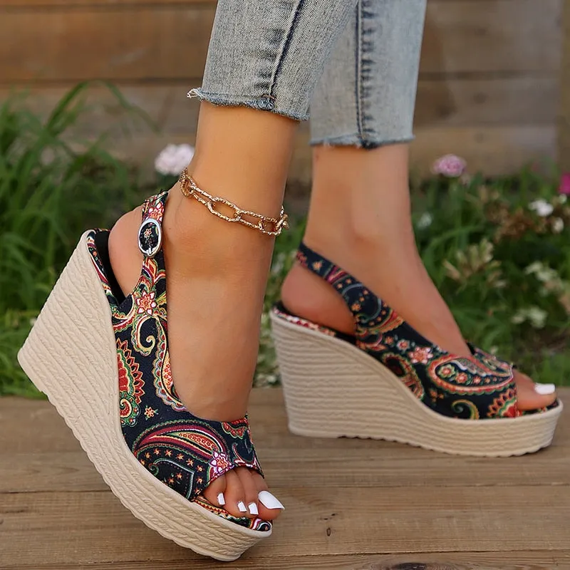 hulianfu Bohemian Style Print Wedge Sandals for Women Peep Toe Chunky Platform Shoes Woman Summer Thick Bottom Gladiator Sandalias Mujer