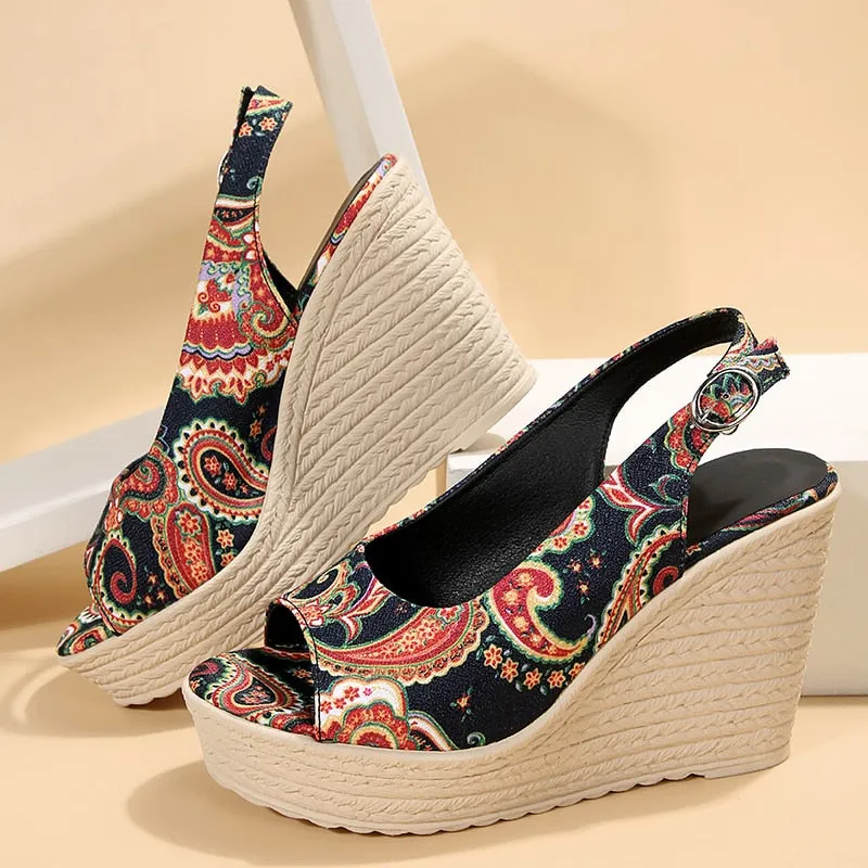 hulianfu Bohemian Style Print Wedge Sandals for Women Peep Toe Chunky Platform Shoes Woman Summer Thick Bottom Gladiator Sandalias Mujer