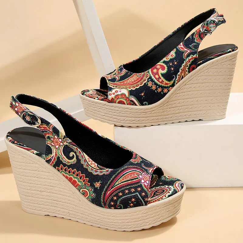 hulianfu Bohemian Style Print Wedge Sandals for Women Peep Toe Chunky Platform Shoes Woman Summer Thick Bottom Gladiator Sandalias Mujer