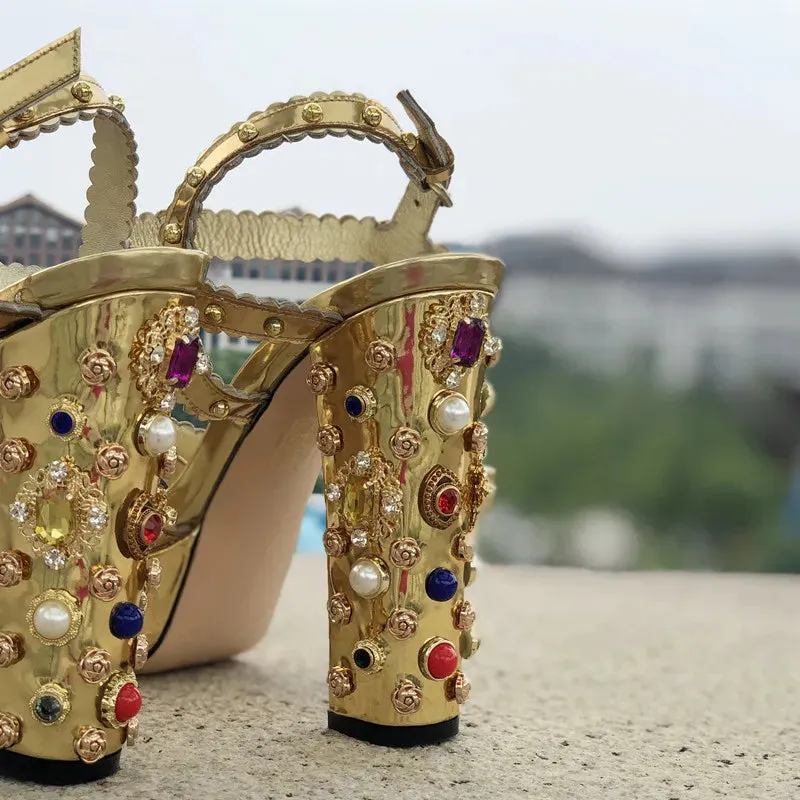 Platform Heeled Rhinestone Metallic Gold Shoes