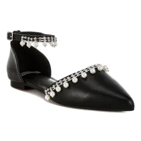 Rhinestone & Pearl Ankle Strap Flat Sandals