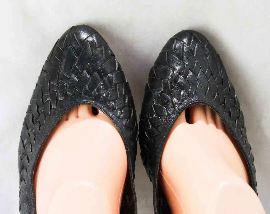 Size 6 Leather Shoes - Boho Black Huarache Style Design - 1990s Stilettos - Woven Trim & Stacked Wood Heels - Brazil - 90s Deadstock 6M