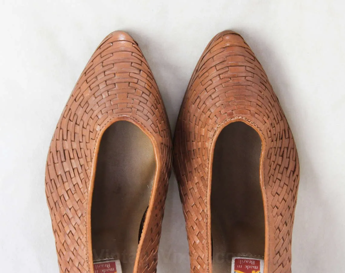 Size 6.5 Leather Shoes - Sexy Brown Huarache Style Design - 1990s Stilettos - Woven Trim - Made in Brazil - 90s Deadstock 6 1/2 M - 46613-1