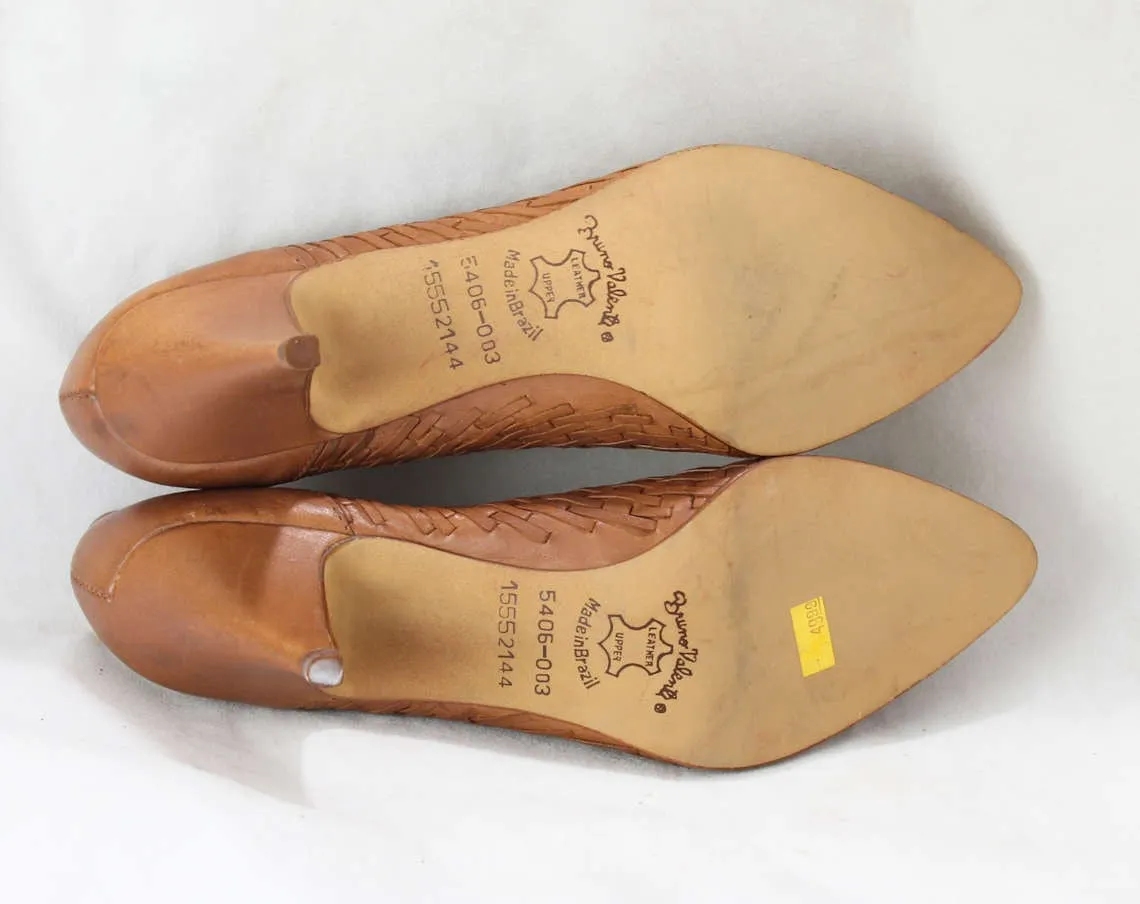 Size 6.5 Leather Shoes - Sexy Brown Huarache Style Design - 1990s Stilettos - Woven Trim - Made in Brazil - 90s Deadstock 6 1/2 M - 46613-1