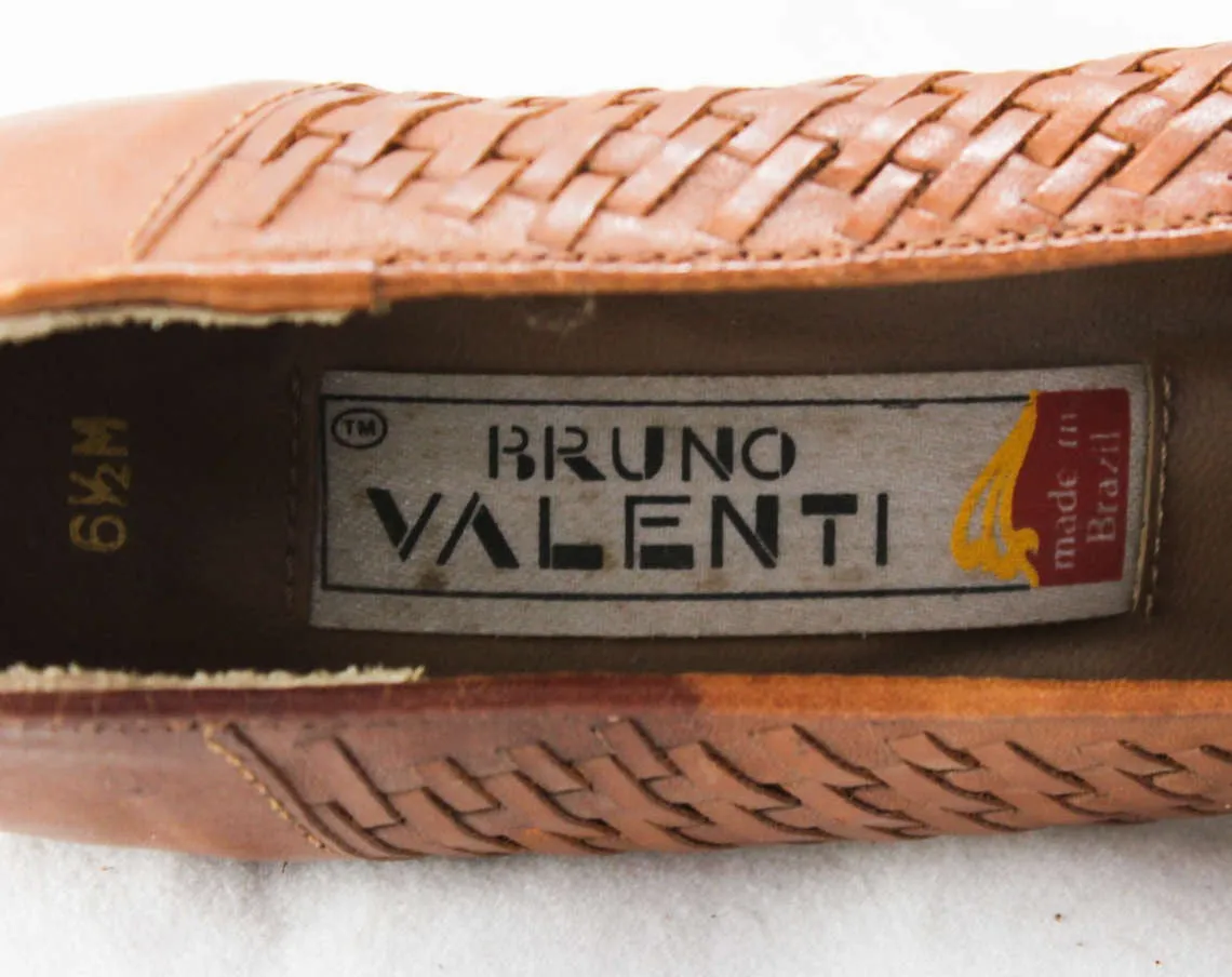 Size 6.5 Leather Shoes - Sexy Brown Huarache Style Design - 1990s Stilettos - Woven Trim - Made in Brazil - 90s Deadstock 6 1/2 M - 46613-1