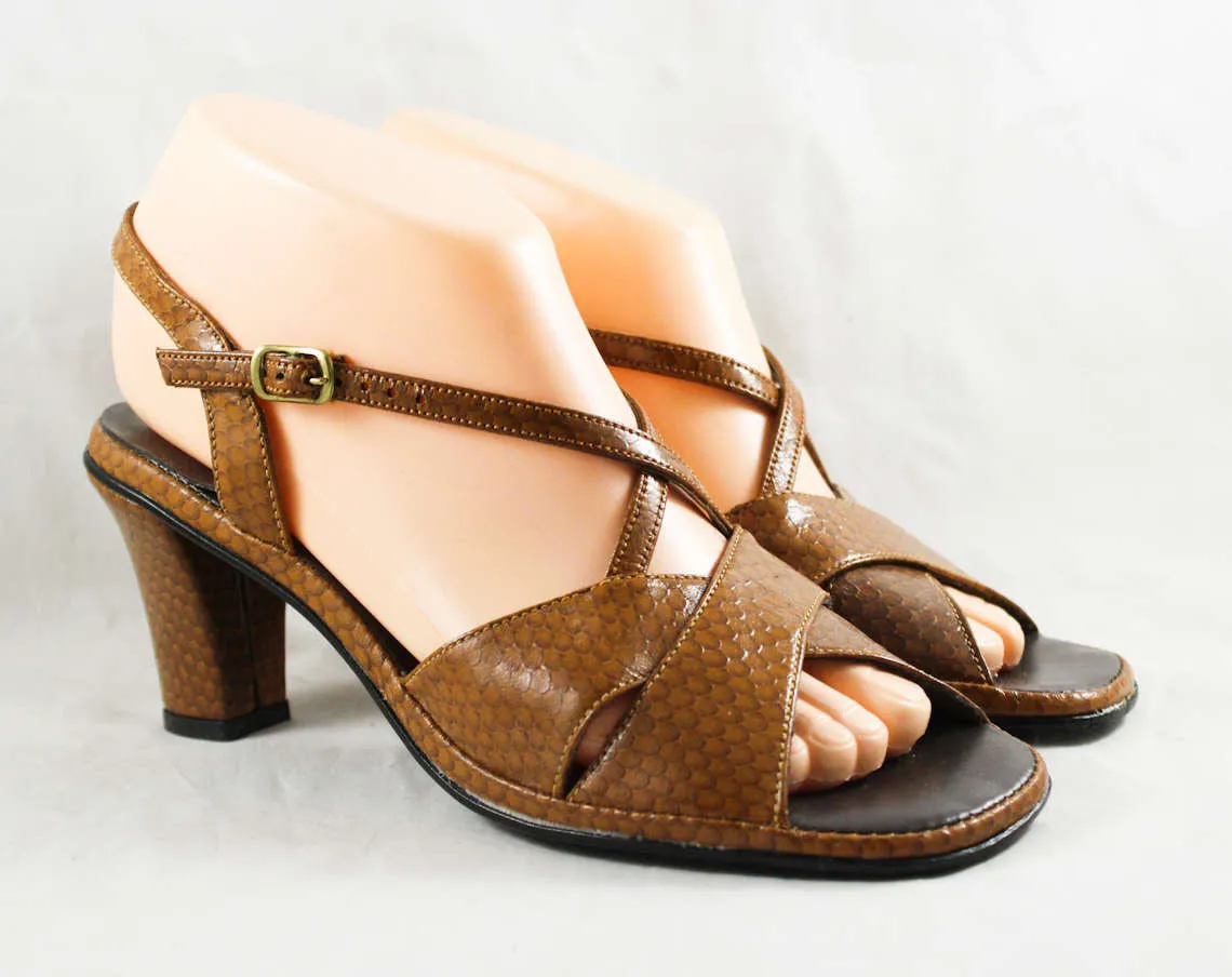 Size 8 Snake Print Sandal - Tan Snakeskin Style 1970s Shoes - Deco Inspired Brown Slingback Heels - Peep Toe 70s Hush Puppies - 8N Deadstock