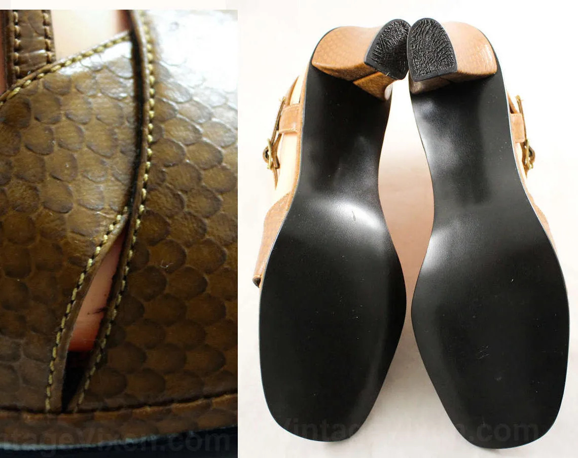 Size 8 Snake Print Sandal - Tan Snakeskin Style 1970s Shoes - Deco Inspired Brown Slingback Heels - Peep Toe 70s Hush Puppies - 8N Deadstock