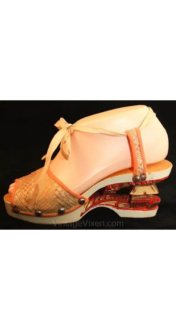 Small Size 40s Platform Shoes - Fantastic 1940s WWII Era Woven Sandals with Carved Asian Hut Scenes - Size 4/5 Hand-Carved Asian Tiki Huts